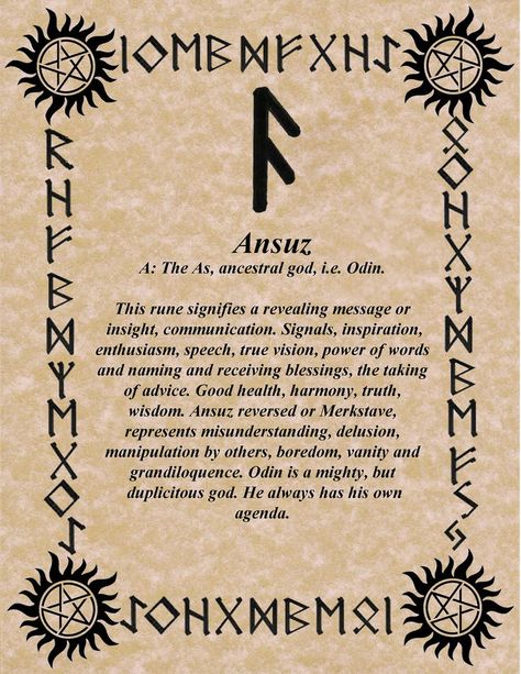 ANSUZ Odin's rune Rune Vichinghe, Runes Meaning, Divination Runes, Symbole Viking, Ancient Runes, Rune Symbols, Elder Futhark Runes, Rune Stones, Futhark Runes