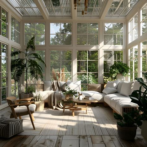 A Sunroom With Plants, House Sunroom, Modern Sunroom, Glass Sunroom, Denmark House, Conservatory Decor, Conservatory Design, Coastal Cottage Style, Apartment Deco