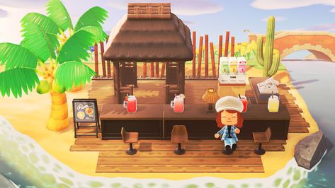 ACNH Tiki Bar inspo Acnh Beach Tiki Bar, Acnh Juice Bar Ideas, Acnh Bohemian Island, Acnh Beach Bar Design, Animal Crossing Tiki Bar Ideas, Acnh Beach Bar Ideas, Acnh Tiki Bar Design Code, Acnh Bar Ideas, Acnh Sushi Bar