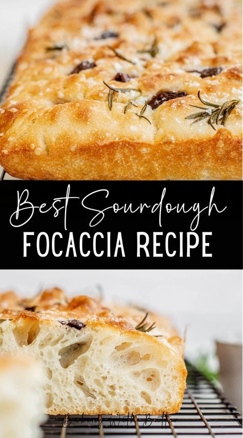 This sourdough focaccia recipe has a light and soft interior and a deliciously crispy exterior. This combination of textures in this sourdough focaccia comes from an airy sourdough-leavened dough that’s coated in a generous amount of olive oil. While it bakes, this olive oil crisps up the outside of the dough. This gives the best crispy crust which contrasts so well with the airy interior and chewy crumb. Sourdough Focaccia Recipe, Airy Interior, Sourdough Focaccia, Sourdough Recipe, Focaccia Recipe, Homemade Recipe, Exterior