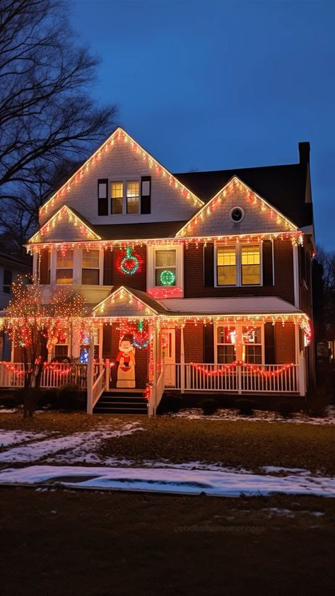 Christmas Decorated House Exterior, Christmas Lights 2 Story House, Coziness Aesthetic, Houses Decorated For Christmas, Cozy Pics, Christmas Lights Aesthetic, Christmas House Exterior, Winter House Exterior, Usa House