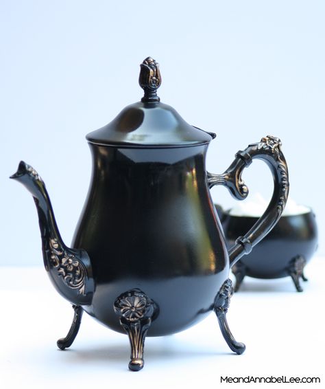 DIY Black & Gold Victorian Gothic Tea Set / Tea Pot - Goth entertaining & Home Decor - Dark Alice in Wonderland - www.MeandAnnabelLee.com - Blog for all things Dark, Gothic, Victorian, & Unusual Gothic Tea Set, Diy Tea Set, Gothic Alice In Wonderland, Gothic Diy, Victorian Tea Sets, Wrought Iron Accessories, Gothic Stuff, Dark Alice In Wonderland, Diy Tea