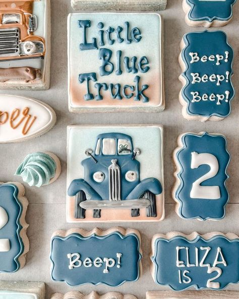 Kid's Birthday Children's book inspired Custom design cookies.  Collage of custom design cookies decorated with inspiration from the children's book Little Blue TruckNorthern Kentucky custom cookies, butter cookies, sugar cookies, little blue truck children's book cookies.  MH Cookie Shoppe #CookiesBringJoy Book Cookies, Design Cookies, Truck Theme Birthday, Little Blue Truck, Lincoln Birthday, Farm Themed Birthday Party, Blue Birthday Parties, Boys 1st Birthday Party Ideas, Cookies Sugar