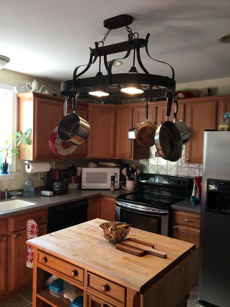 Pot And Pan Hanger Ceilings, Pot Rack Light Fixture, Pot Rack Light, Kitchen Lighting Ideas Over Island, Pan Hanger, Refrigerator Ideas, Pantry Refrigerator, Pot Hangers, Kitchen Revamp