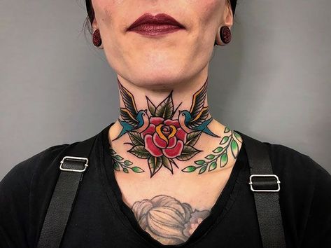 Traditional Tattoo Neck, Traditional Back Tattoo, Rose Neck Tattoo, Front Neck Tattoo, Best Neck Tattoos, Side Neck Tattoo, Throat Tattoo, Kunst Tattoos, Tattoo Old School