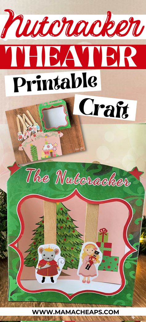 This sweet craft is the perfect activity for kids at Christmastime. Plan a DIY activity for the Christmas holiday season. Get our free printable Nutcracker puppet theater and enjoy some fun crafting time. Then host a puppet show in the theater! Head to our blog for the printable pack. #nutcracker #craft #diy #christmas #printable #mamacheaps Nutcracker Printable, Kids Puppet Theater, Printable Nutcracker, Mouse King Nutcracker, Nutcracker Christmas Party, Ballet Crafts, Nutcracker Crafts, Classroom Christmas Party, Awesome Elf On The Shelf Ideas