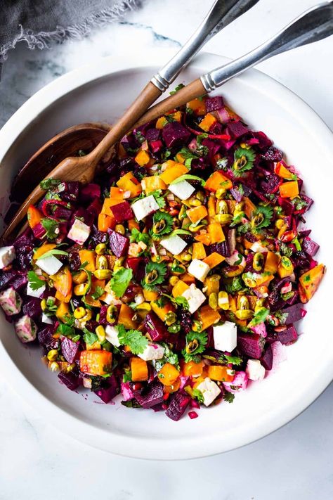 Truly one of the most beautiful and delicious Beet Salads with Pistachios, Feta, cilantro and orange in a simple citrus vinaigrette. Can be made ahead and keeps for 3 days in the fridge. #beetsalad #holidaysalad #goldenbeets #beets Beet Salads, Beet Salad With Feta, Beet Salad Recipe, Cooking Beets, Beet Salad Recipes, Make Ahead Salads, Quick Healthy Lunch, Citrus Vinaigrette, Salad With Feta