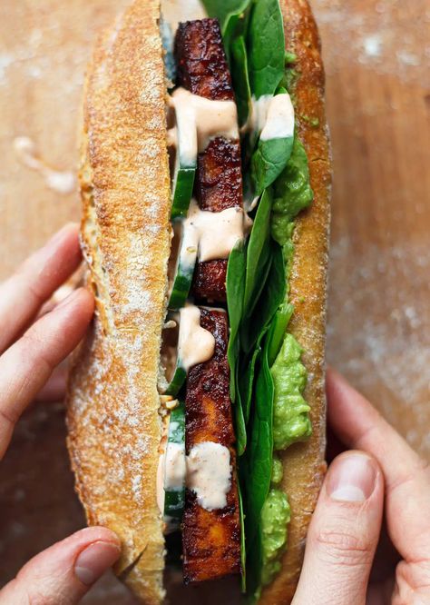 Hoisin Tofu Baguettes - SO VEGAN Hoisin Tofu, Baguette Recipe, Plant Based Recipes Easy, Sriracha Mayo, Plant Based Cookbook, Vegan Mayonnaise, Mashed Avocado, Extra Firm Tofu, Vegetable Puree