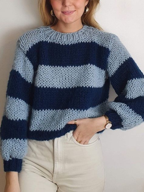 Chunky Knit Striped Sweater - Beginner Friendly Seamless Jumper Knitting Pattern Jumper Knitting Pattern Free, Striped Sweater Outfit, Knit Striped Sweater, Knitting Patterns Free Sweater, Striped Knitted Sweater, Crochet Jumper, Jumper Knitting Pattern, Chunky Knitting Patterns, Jumper Patterns