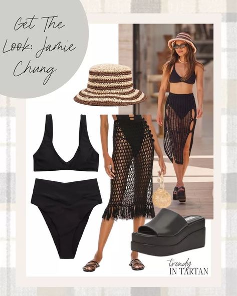 Get the look: Jamie Chung! Bikini, black bikini, straw hat, platform slides, sarong, crochet swim coverup #LTKstyletip#LTKswim#LTKSeasonal Black Bucket Hat Outfit Summer, Bucket Hat Outfit Summer Beach, Black Bucket Hat Outfit, Bucket Hat Outfit Summer, Hat Outfit Summer, Swimsuit Outfit, Bucket Hat Outfit, Straw Bucket Hat, Resort Wear Beach