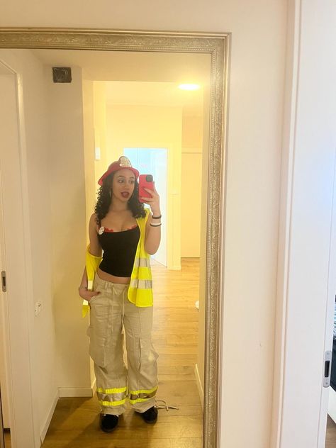 Firefighter costume First Responders Costumes, Firefighter Outfit Women, Fire Fighter Costume Women Diy, Canadian Halloween Costume, Cop And Firefighter Costume, Women’s Firefighter Costume, Firefighter Costume Man, Usa Halloween Costume, Firefighter Halloween Costume College