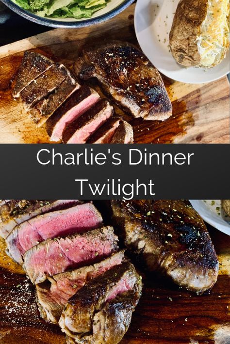 Charlie's Dinner : Twilight - Fictitiously Delicious Steak Baked Potato, Twilight Christmas, Steak Marinade Easy, Twilight Party, Steak And Potatoes, Best Baked Potato, Movie Night Food, Twilight Bella, Quick Salads