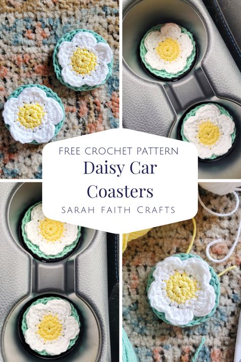 Crochet Cup Coaster, Faith Crafts, 17 August, Knitting And Crochet Patterns, Crochet Car, Flower Car, Crochet Daisy, Crochet Kitchen, Cup Coaster