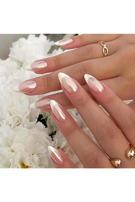 YOSOMK French Tip Press on Nails Almond Medium Fake Nails with Chrome Designs Glossy Nude False Nails Mirror Glue on Acrylic Nails for Women Ongles Rose Pastel, Nail Salon Design, Transparent Nails, Almond Shape Nails, French Tip Acrylic Nails, Stick On Nails, Elegant Nails, Bridal Nails, Nail Arts