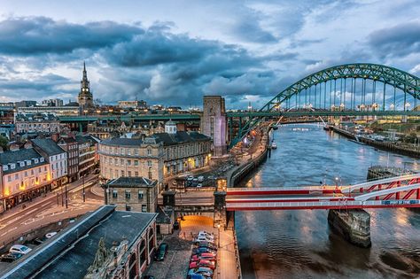 Newcastle Quayside looking down from the High Level Bridge during blue hour. Newcastle Quayside, Newcastle England, England Aesthetic, Old Oak Tree, North East England, Newcastle Upon Tyne, Blue Hour, Local Area, Sydney Harbour Bridge