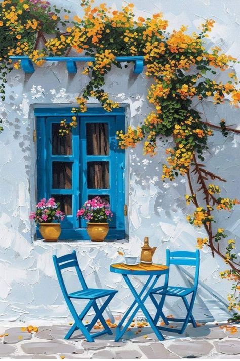 Painting Art Beautiful Wall, Window Paintings On Canvas, Window Flower Painting, Oil Pastel Paintings Ideas, Landscape Painting Ideas, She Lied, Greece Painting, Watercolor House Painting, Naive Painting