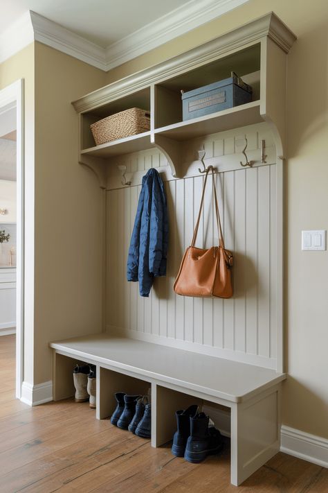 Upgrade Your Space with 25+ Easy Mudroom Bench Ideas Neutral Mudroom Ideas, Small Area Mudroom Ideas, Simple Mudroom Ideas, Small Mudroom Storage, Diy Mudroom Storage, Neutral Mudroom, Easy Mudroom, Simple Mudroom, Creative Bench