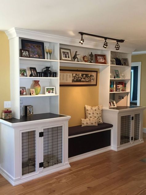 Dog kennels, bench seat with storage and built in bookshelves. Bench Seat With Storage, Dog Kennel Flooring, Seat With Storage, Built In Bookshelves, Diy Dog Crate, Ikea Inspiration, Dog Kennel Furniture, Diy Dog Kennel, Storage Bench Seating