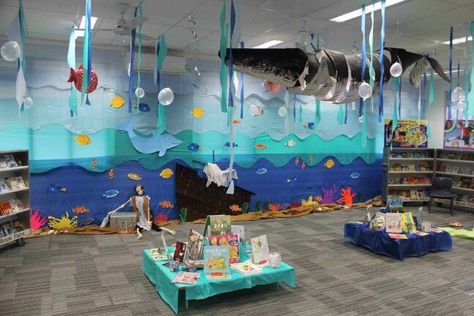 Book Fair Ideas Display, Nursery Display Boards, Vbs Ocean Theme, Under The Sea Decorations, Fair Theme, Scholastic Book Fair, Ocean Theme Classroom, Preschool Decor, Library Themes