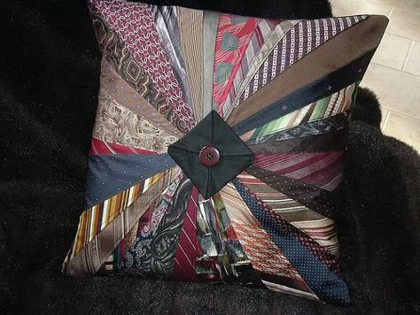 necktie pillow | NECKTIE STARBURST PILLOW - made for Don Wilson from BV Wilson's ties ... Necktie Pillow, Neck Tie Projects, Old Neck Ties, Diy Necktie Projects, Necktie Quilt, Tie Pillows, Necktie Crafts, Tie Ideas, Diy Sy