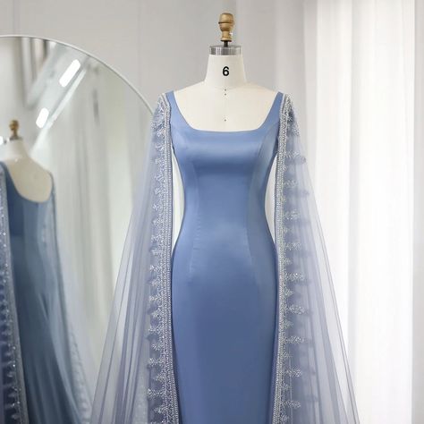 Dresses With Cape Sleeves, Beaded Wedding Dress Mermaid, Heavy Beaded Wedding Dress, Dubai Evening, Arabic Women, Blue Cape, Custom Bridesmaid Dress, Blue Mermaid, Evening Dresses Short