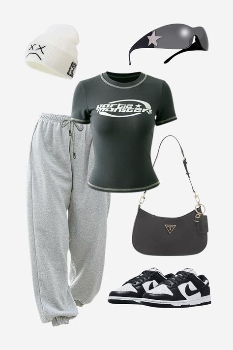 Graphic tee, grey sweatpants, GUESS shoulder bag, NIKE dunk low, white beanie, sunglasses Grey Graphic Tee Outfit, Grey Graphic Tee, Graphic Tee Outfit, Bag Nike, Guess Shoulder Bag, White Beanie, White Beanies, Graphic Tee Outfits, Grey Sweatpants