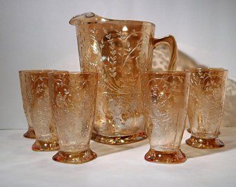 White Table Cover, Vintage Glassware Antiques, Orange Decor, Tumbler Set, Pickle Jars, Fenton Glass, Glass Pitchers, Vintage Dishes, Indiana Glass