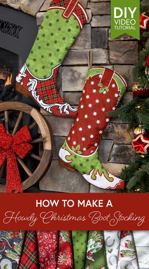 Have yourself a Howdy Christmas with Bethany as she demonstrates how to make a stylish boot stocking for your favorite cowboys and cowgirls! Using the festive fabrics from Northcott, this project is quick and makes a sweet gift set for the holidays. Kits include enough fabric to make 2 Boot Stockings! Cowboy Boot Christmas Stocking Pattern, Cowboy Boot Stocking Pattern Free, Cowboy Boot Stocking, Stocking Pattern Free, Cowgirl Christmas, Fabric Outlet, Christmas Boots, Free Pattern Download, Diy Videos Tutorials