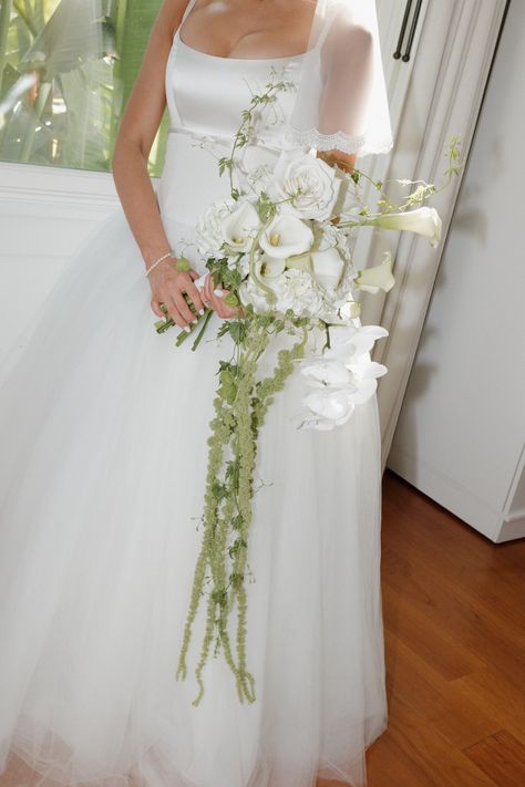 Loved creating this special cascading bouquet with orchids, roses, calla lilies, hydreageas and hanging green amaranthus for my chic bride.  photography: Brittanee Taylor White Lily And Orchid Bouquet, Calla Lily Wedding Ceremony, Waterfall Orchid Bouquet, Orchid Waterfall Bouquet, Long Bouquet Wedding, Orchid And Calla Lily Bouquet, Calla Lily Rose Bouquet, Orchid And Lily Bouquet, Bouquet Wedding Cascade