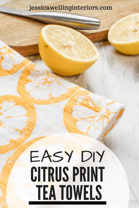 These bright and stylish hand-stamped four sack dish towels are the perfect  easy DIY gift on a budget! Stamp them with lemons, oranges, grapefruit, limes, or any other citrus fruit! Tea Towel Stamping Diy, Stamped Dish Towels Diy, Handmade Tea Towels, Tea Towel Crafts, Tea Towels Diy Flour Sacks, Stamped Tea Towels, Hand Stamped Tea Towels, Diy Gifts On A Budget, Diy Tea Towels