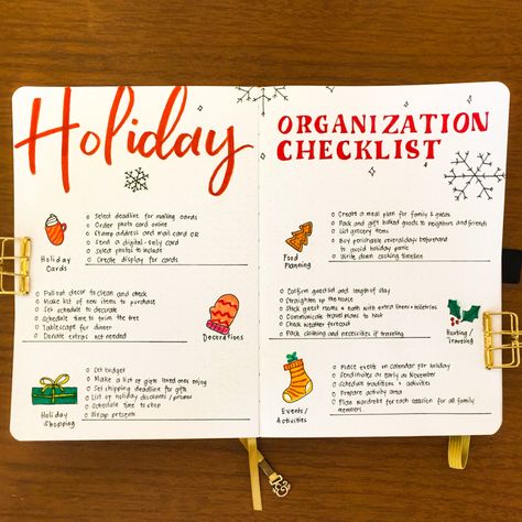 Bullet Journal Ideas: Holiday Organization Checklist + FREE Printable – Archer and Olive Christmas Planning Bullet Journal, Christmas Bujo Ideas, Bullet Journal Gift List, Holiday Bullet Journal, Bullet Journal Organization, Journal Checklist, Organization Checklist, Christmas Journals, Archer And Olive