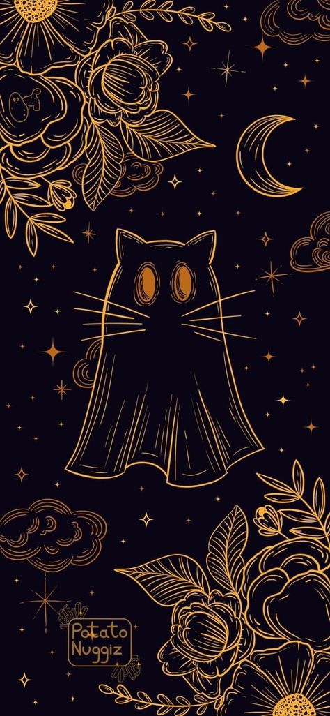 Ghost Face Phone Wallpaper, Cat Halloween Wallpaper Iphone, Celestial Halloween Wallpaper, Fall Black Cat Wallpaper, Cute Ghost Phone Wallpaper, Art Phone Backgrounds, Cute Ghost Background, Cute Spooky Season Wallpaper, Witchy Iphone Background