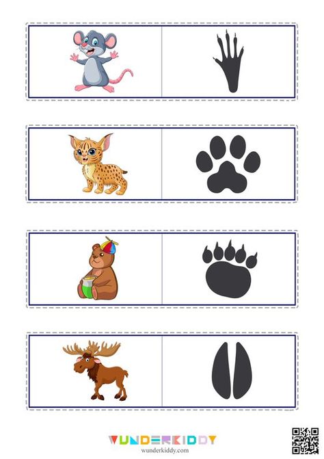 An educational game for children from 4 years old «Animal footprints» will help to revise and supplement kids` knowledge about animals. During the game, children will develop logical thinking and memory.  Print the material with the development task and cut it into cards. There are two groups of cards: with animals and their footprints. In the task, child needs to guess which animal the tracks belong to and match the pairs.  First, ask your baby to name the animals on the cards and tell him abou Animal Feet Drawing, Matching Activity For Preschoolers, Animal Matching Game, Activity For Preschoolers, Feet Drawing, Animal Footprints, Animal Worksheets, Winter Kindergarten, Learning Cards