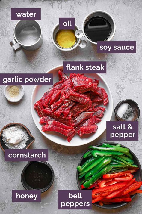 Ingredients for steak and pepper stir fry prepped and labeled. Steak And Pepper Stir Fry, Pepper Stir Fry, Pepper Steak Stir Fry, Steak Stirfry Recipes, Brown Eyed Baker, Steak Stir Fry, Pepper Steak Recipe, Beef Stir Fry Recipes, Healthy Food Menu