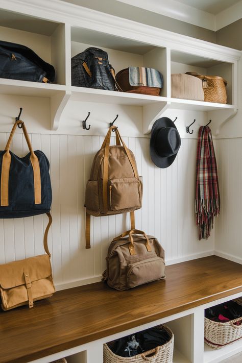 Refresh Your Home with 25+ Stylish Mudroom Benches Mudroom Shelf Ideas, Hallway School Bag Storage, L Shaped Bench Mudroom, Backpack Holder For Home, Front Entry Storage Ideas, Mud Room Organization Tips, Built In Mudroom Bench With Storage, Entryway Lockers With Bench, Creative Bench