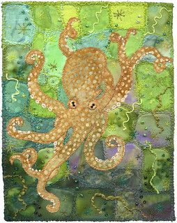 Octopus in the Emerald Sea | 5 1/2" x 7" 12" x 15" framed SO… | Flickr Octopus Applique, Novelty Quilts, Fishing Quilt, Landscape Quilting, Inspirational Quilts, Giant Pacific Octopus, Yellow Octopus, Sea Cards, Coastal Fabric