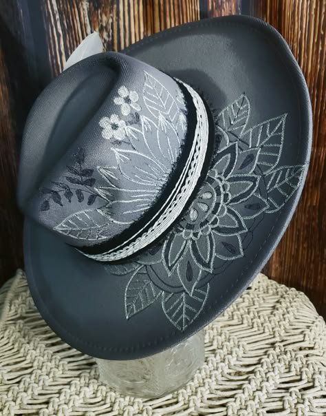 Gray and Silver Mandella flat brim felt hat. Pinched crown. Fits medium around 56-58cm adjustable. Grey Cowboy Hat Outfit, Felt Hat Diy, Hat Pyrography, Hat Bands Diy Ideas, Diy Leather Hat, Burning Hats, Burnt Hat, Burnt Hats, Witchy Hats