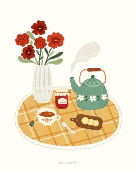 Tea Illustration, Cozy Tea, Picture Books Illustration, Simple Joys, Tea Break, Ap Art, Food Drawing, Scrapbook Journal, Illustration Character Design