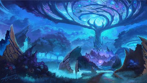 Ardenweald World Of Warcraft, Ardenweald Art, Feywild Landscape, Magical Landscape Art, Fantasy World Landscapes, Warcraft Fanart, Warcraft Art, Fantasy Land, Fantasy Background