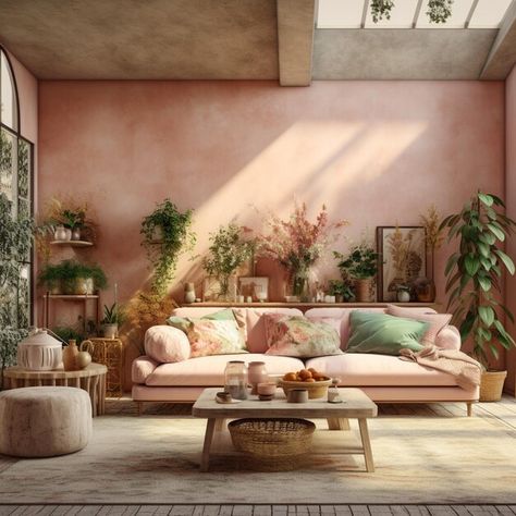 There is a pink couch in a living room with a lot of plants generative ai | Premium AI-generated image Pink Plant Room, Triangle Cottage, Pink Couch Living Room, Reno House, Pink Couch, Room Couches, Plant Room, Pink Plant, Room With Plants