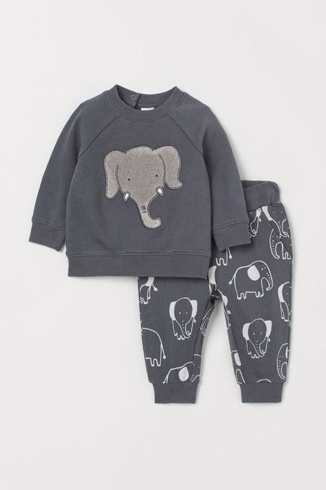 Elephant Sweatshirt, Tiger Kids, H&m Baby, Romper Suit, Grey Elephant, Cotton Romper, Sweatshirt Fabric, Cotton Set