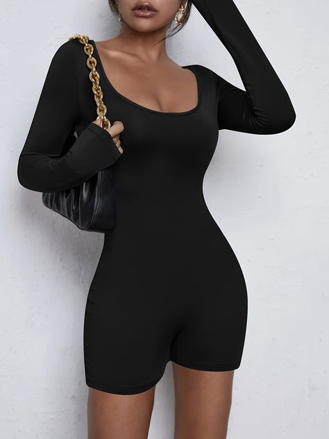 Faster shipping. Better service Unitard Outfit, Body Suit Outfits, Looks Party, Long Sleeve And Shorts, Long Romper, Romper Outfit, Long Jumpsuits, Long Sleeve Jumpsuit, Black Romper