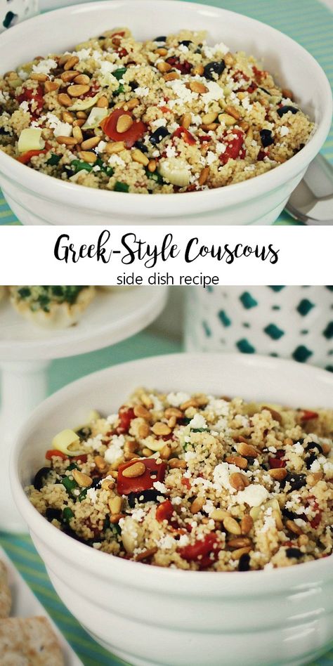 This Greek-Style Couscous Recipe gives any meal some International flavor. This makes a terrific side dish for a Greek themed dinner party, or a potluck party. You can even turn it into a one dish meal! #sideDishRecipe #couscous #GreekSideDish #easySideDish #potluckSides Cheese Side Dish, Greek Couscous, Greek Side Dishes, Greek Couscous Salad, Themed Dinner Party, Couscous Recipe, Greek Dinners, Potluck Party, Themed Dinner