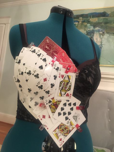 The top for queen of hearts costume made almost entirely from playing cards Card Queen Costume, Playing Card Skirt, Queen Of Hearts Card Costume, Playing Card Dress, Card Costume Diy, Queen Of Cards Costume, Queen Of Hearts Costume College, Queen Of Hearts Corset, Queen Of Hearts Diy