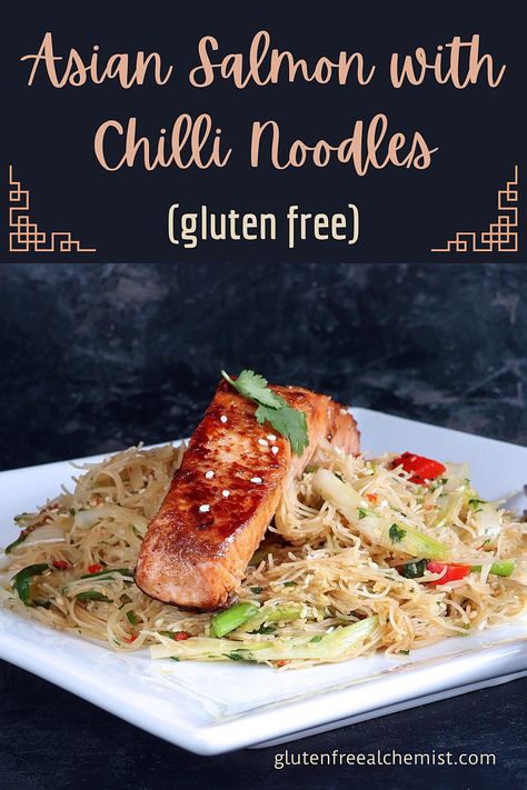 Asian Salmon with Chilli Noodles makes a perfect easy meal. It can be on the table in 30 minutes and is deliciously spiced, flavoursome and nutritious. Made with Tamari soy sauce and rice noodles, it’s also gluten free and dairy free. Chilli Noodles, Kosher Rules, Spiced Salmon, Salmon Noodles, Gnocchi Dishes, Best Salmon Recipe, Asian Salmon, Gluten Free Chilli, Healthy Asian Recipes