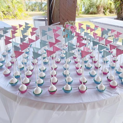 Golf Gender Reveal Party Food, Putters Or Pearls Gender Reveal Ideas, Golf Gender Reveal Cookies, Golf Gender Reveal Ideas, Golf Ball Gender Reveal Party, Gender Reveal Golf Theme, Golf Gender Reveal Party, Golf Themed Gender Reveal Party, Golf Theme Gender Reveal Party