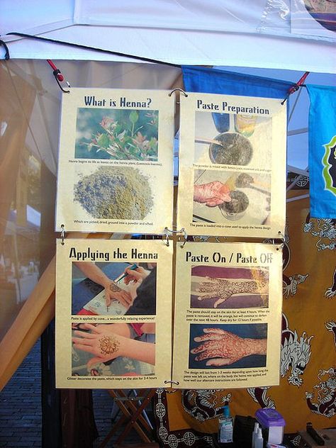 "What is Henna" Signs... | Flickr - Photo Sharing! Henna Booth Setup Ideas, Booth Setup Ideas, Henna Booth, What Is Henna, Booth Setup, Henna Leaves, Henna Paste, Craft Display, Henna Patterns