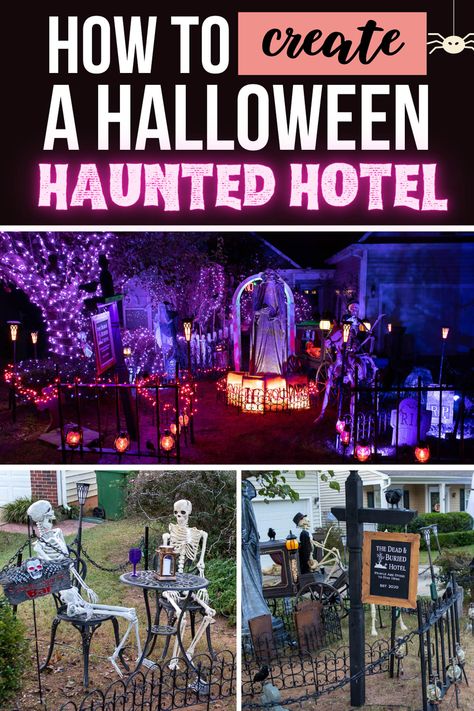 This Halloween haunted hotel is an awesome outdoor Halloween yard haunt! Great ideas for outdoor Halloween decorations, Halloween lighting or even Halloween party decor. 2023 Halloween Yard Decorations, Haunted Hotel Halloween Party, Halloween Scary Party Decorations, Halloween Theme Yard, Haunted Hotel Decor, Haunted Hotel Costumes, Halloween Hotel Decorations, Halloween Hotel Party, Outdoor Halloween Displays