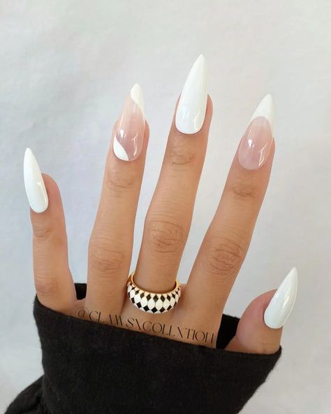 40 Simple Fall Nails to Inspire You White Stilletos Nails, Stiletto White Nails, White Nails Almond Shape, Stiletto French Tip Nails, Stilleto Nails Designs, Simple Fall Nails, Stiletto Nails Designs, Almond Nails Designs, Almond Acrylic Nails