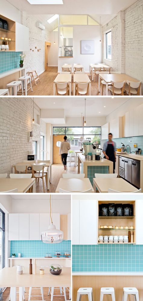 This small modern coffee shop features white painted bricks, light wood furniture, and turquoise tile behind the service bar. Coffee Bar Ideas Rustic, Rustic Bar Ideas, Small Bar Ideas, Design For Coffee Shop, Small Shop Interior, Modern Coffee Shop, Painted Bricks, Small Coffee Shop, Cafe Idea